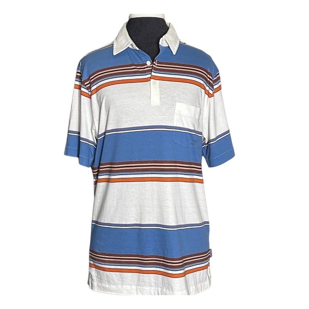 Patagonia Polo Style Shirt Men’s Small Blue Orange Black Striped Short Sleeve